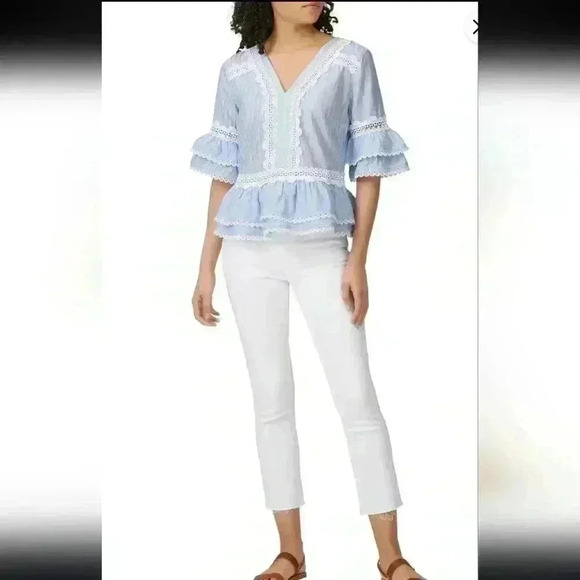 J Crew Faded Lace Trim Top NWT New Womens Size Small Light Blue and White - Picture 2 of 14